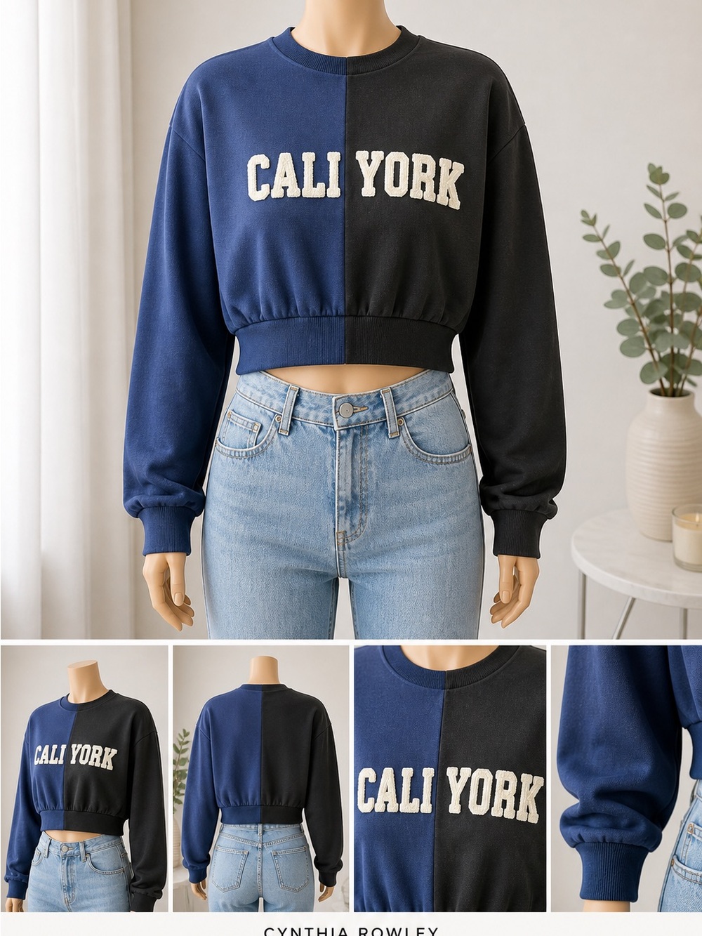 Cynthia Rowley Cali York Cropped Sweatshirt | Colorblock Navy Black | XS/S